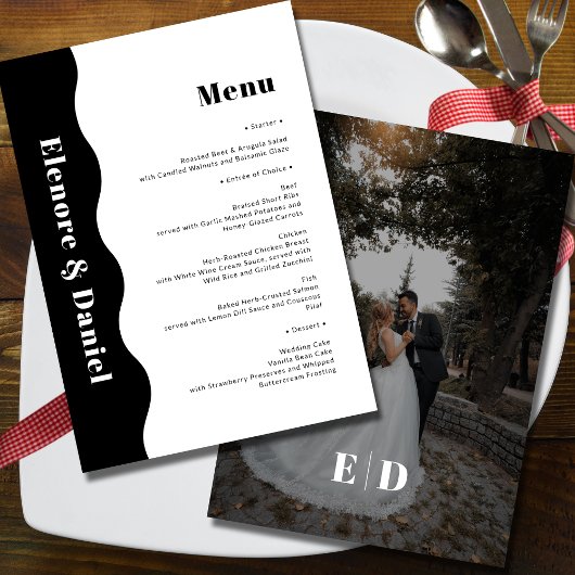 Menu Élégant Mariage photo noir et blanc côté vague
