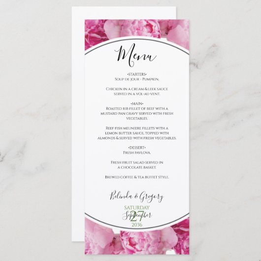 Menu Élégant Mariage Pink Peonies (Devant / Derrière)