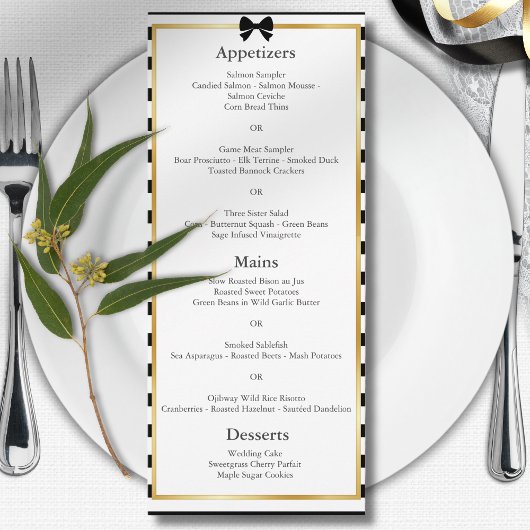 Menu Élégant Mariage Rayure Noir Blanc Cadre Doré