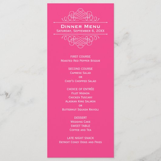 Menu Élégant Mariage Rose Chaud Monogram Dîner (Devant)