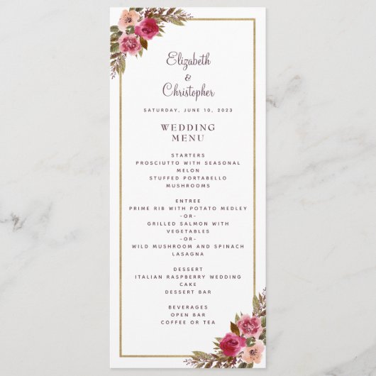 Menu Elégant mariage Rose Floral Gold Frame Blanc (Devant)