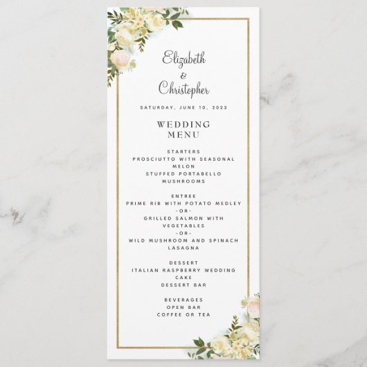 Menu Elégant mariage Rose Floral Gold Frame Blanc (Devant)