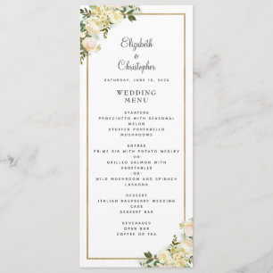 Menu Elégant mariage Rose Floral Gold Frame Blanc
