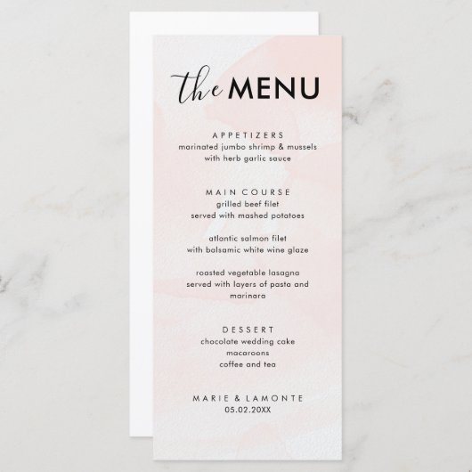 Menu Élégant Mariage rose Pastel (Devant / Derrière)