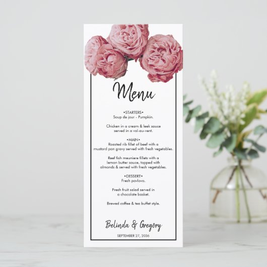 Menu Élégant Mariage rose Roses (Debout devant)