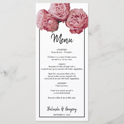 Menu Élégant Mariage rose Roses