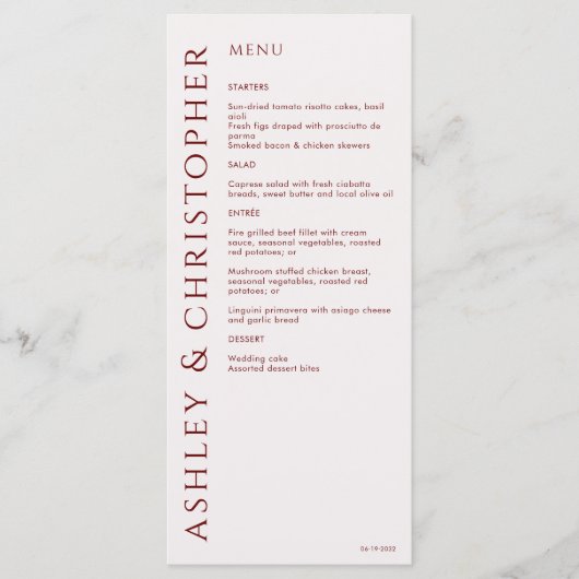 Menu Élégant Mariage rouge Crimson moderne (Devant)