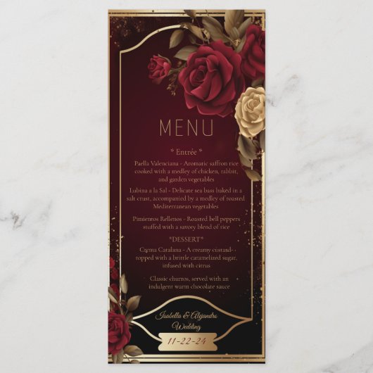 Menu Élégant Mariage rouge rose et or bordeaux foncé (Devant)