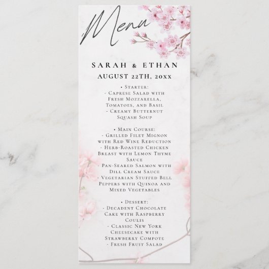 Menu Élégant Mariage Sakura rose fleuri cerisier (Devant)
