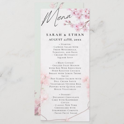 Menu Élégant Mariage Sakura rose fleuri cerisier (Devant / Derrière)