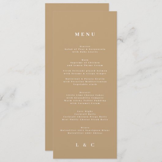 Menu Élégant Mariage simple Kraft Monogram (Devant / Derrière)