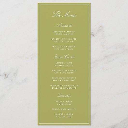 Menu Élégant Mariage Vert Olive Script (Devant)