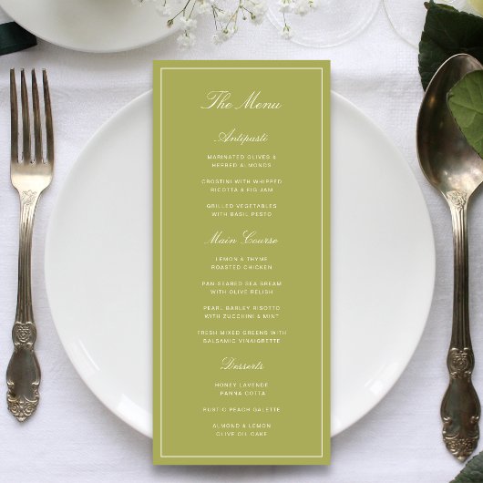 Menu Élégant Mariage Vert Olive Script