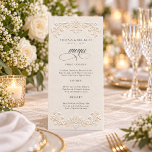 Menu Élégant Mariage Victorien Floral Ivoire Embossé