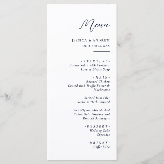 Menu Elégant Marine bleu & blanc Simple Mariage (Devant)