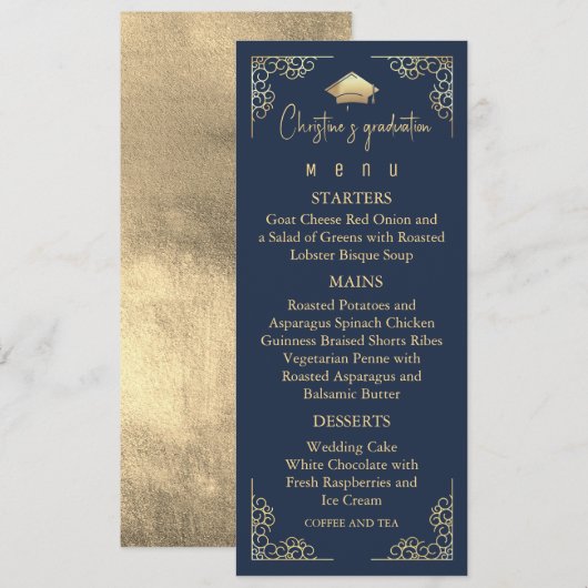 Menu Elégant Marine Bleu et Gold Graduation (Devant / Derrière)