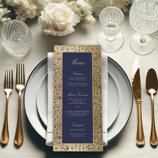 Menu Elégant Marine Blue Gold Roses mariage vintage