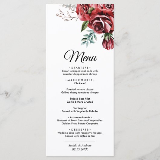 Menu Élégant Marsala Rouge Rose Rustique Mariage (Devant)