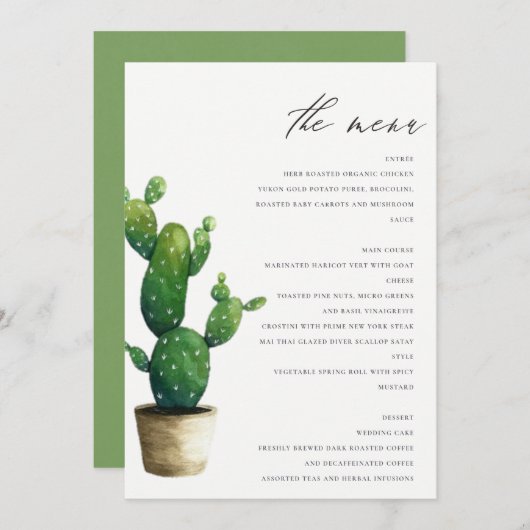 Menu Élégant minimal Cactus à pointes Folio vert (Devant / Derrière)
