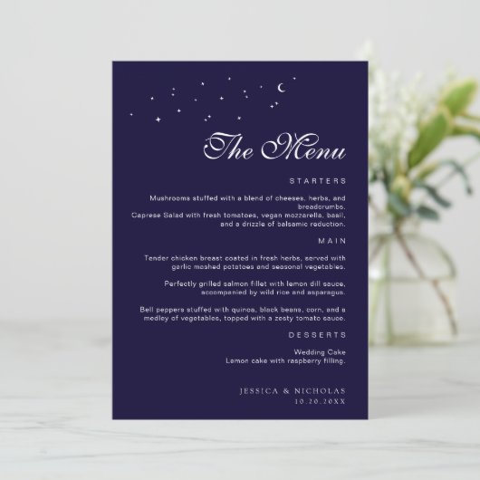 Menu Élégant minimal Celestial Midnight Blue Mariage (Debout devant)