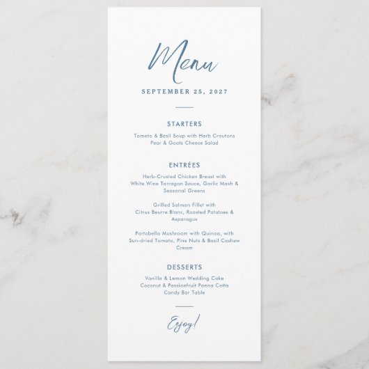 Menu Élégant minimal Dusty Blue Script Mariage texte (Devant)