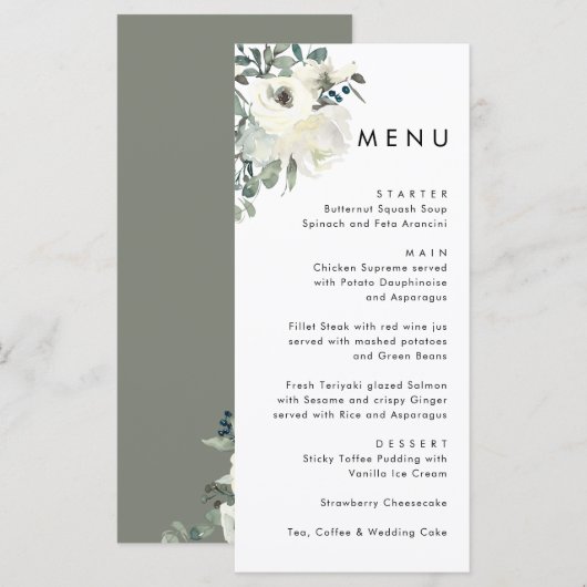 Menu Elegant Minimal Ivory Floral Olive Green Wedding (Devant / Derrière)