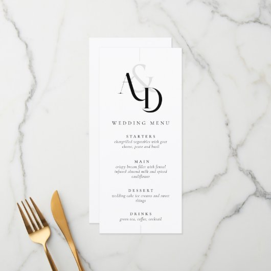 Menu Élégant minimal noir et blanc Mariage simple (Devant/Arrière en situation)