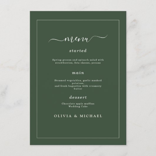 Menu Elegant Minimalist Wedding Dark Green Classic Chic (Devant)