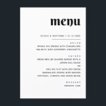 Menu Élégant minimaliste Mariage | Dîner noir et blanc<br><div class="desc">Complétez vos tables de réception avec cette carte de menu minimaliste mariage, conçue avec un arrière - plan blanc immaculé et une typographie noire audacieuse pour un look intemporel. L'aménagement propre met clairement en valeur chaque plat, ce qui facilite le suivi des clients tout en ajoutant une touche d'élégance moderne...</div>