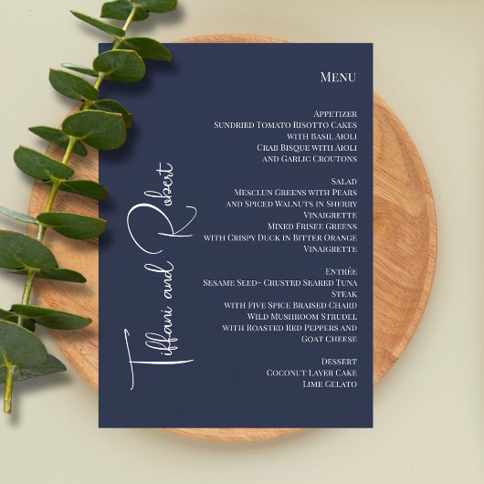 Menu Élégant minimaliste Marine Bleu grand nom Mariage