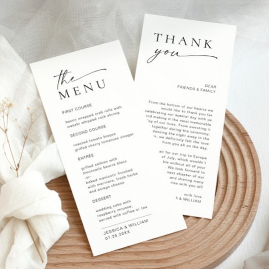 Menu Élégant minimaliste Merci Mariage moderne