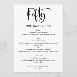 Menu Élégant Minimaliste pour 50e Anniversaire