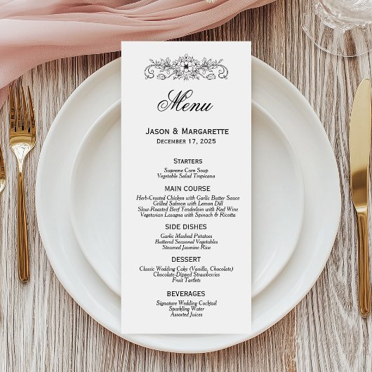 Menu Elegant Modern Black and White Wedding