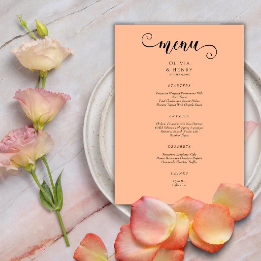 Menu Élégant Moderne Calligraphie Script Peach Mariage