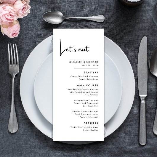 Menu Élégant & Moderne Mariage en noir et blanc Let's e