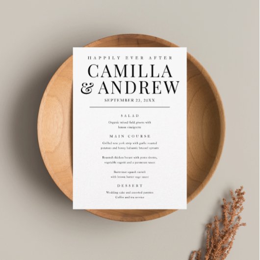 Menu Élégant Moderne Mariage Noir et Blanc