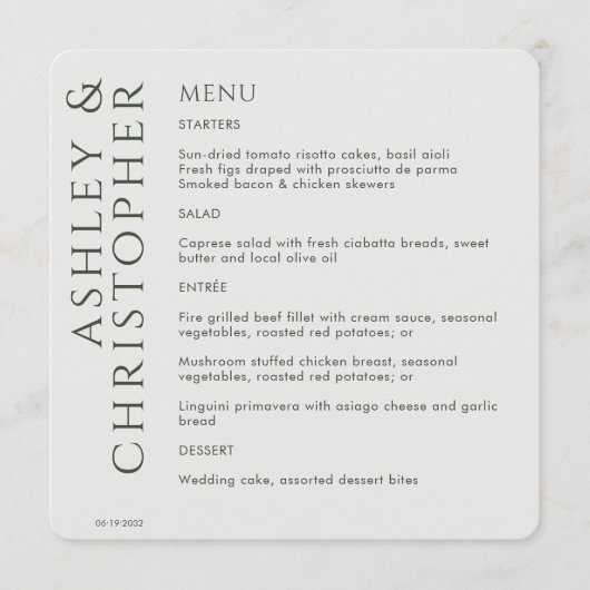 Menu Élégant moderne Mariage vert de mousse foncée mode (Devant)
