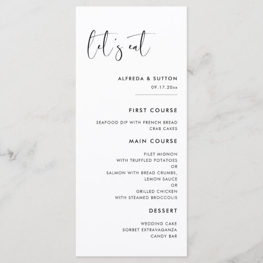Menu Elégant & moderne noir et blanc Mangeons mariage (Devant)