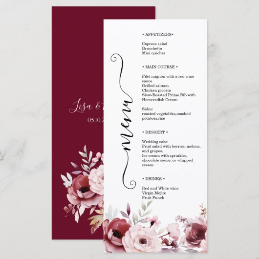 Menu Elegant Monogram Floral Wedding Double-Sided  (Devant / Derrière)