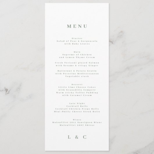 Menu Élégant Monogramme blanc vert Sage simple (Devant)