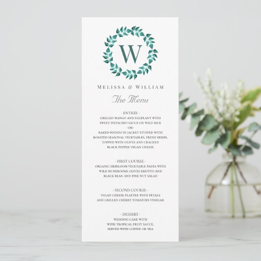 Menu Élégant Monogramme Botanique Vert Mariage Turquois (Debout devant)