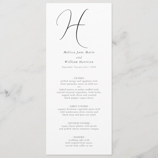 Menu Élégant Monogramme Chic Classique Mariage Noir Bla (Devant)