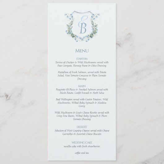 Menu Élégant Monogramme de Blason Floral de Mariage (Devant)