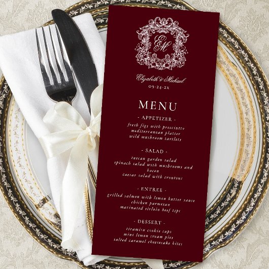 Menu Élégant Monogramme de Blason Formel Mariage Bourgo