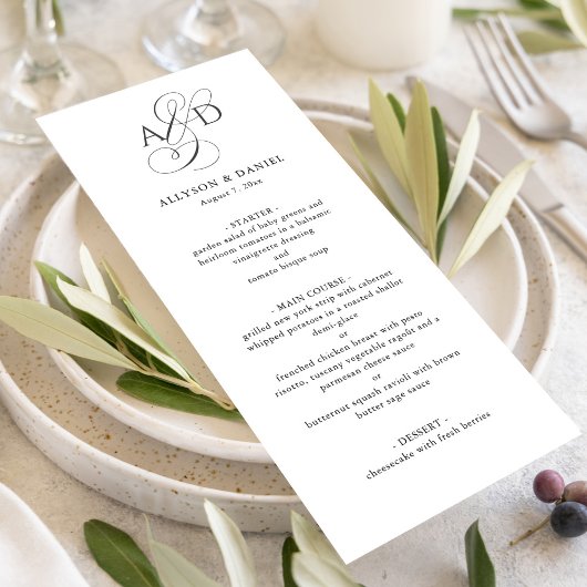 Menu Élégant Monogramme de Début de Script Mariage Clas