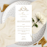 Menu Élégant Monogramme d'or blanc Mariage Couronne Cre<br><div class="desc">Élégant menu mariage monogrammé avec beau monogramme de couronne dessiné à la main et détails de calligraphie manuscrite moderne. Style simple et élégant. Possibilité de personnaliser avec votre menu. Design en blanc et or. Monogramme et menu En Script calligraphie en fausse feuille d'or. Lettres monogrammes et description du menu en...</div>