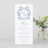 Menu Élégant Monogramme Dusty Blue Crest Mariage (Debout devant)