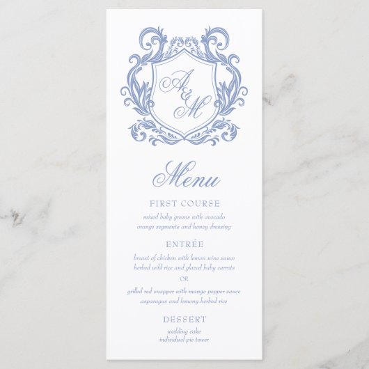 Menu Élégant Monogramme Dusty Blue Crest Mariage (Devant)