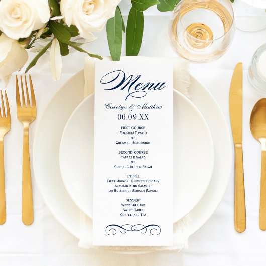 Menu Élégant Monogramme Mariage bleu marine