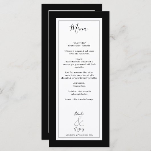 Menu Élégant Monogramme Mariage noir et blanc (Devant / Derrière)